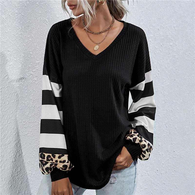 

Autumn Top Female Leopard Stitching Tee 2020 Striped Tops Tee Fashion Loose Top Lady T-Shirts Women Long Lantern Sleeve T Shirt
