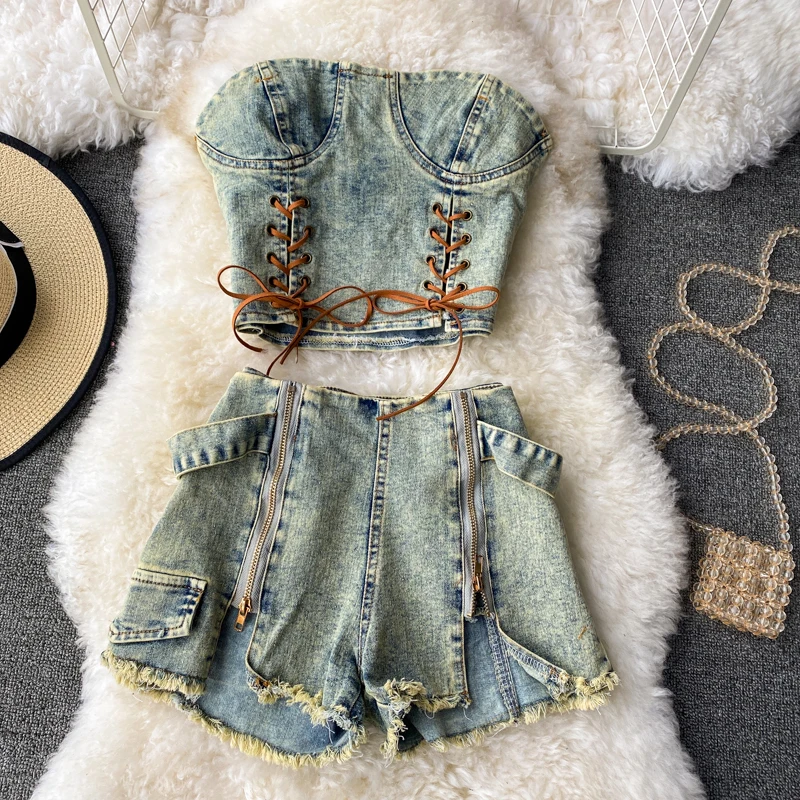 

2021 Summer Designer High Waist Zipper Split Denim Shorts Short Denim Jeans + Crop Tube Top Female Summer High Street 2Pcs Set