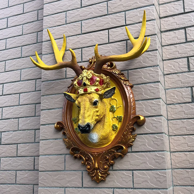 

Home Statue Decoration Accessories Vintage Elk Wearing A Crown Skull Sculpture Living Room Hotel Wall Decor Head Resin Ornament