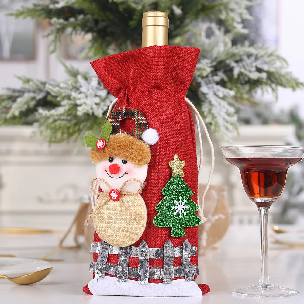 

Linen Snow Cartoon Drawstring Wine Bottle Cover Christmas Ornaments Plaid Doll Wine Bottle Bag Christmas Wine Gift Decoration