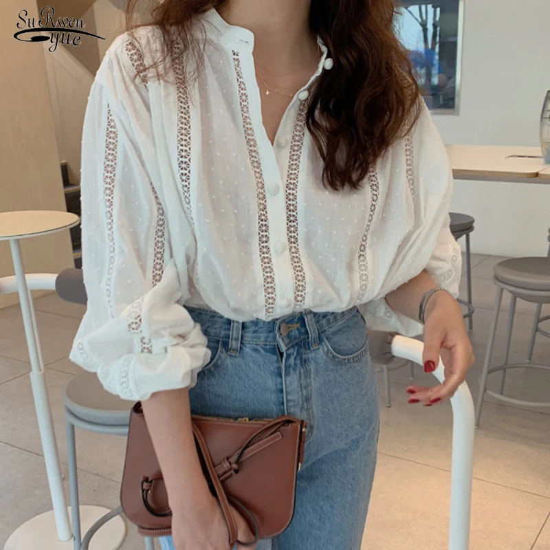

Свободные топы с длинным рукавом размера плюс белый шифоновая блузка в Корейском стиле Повседневная Женская рубашка полые крючком цветочн...