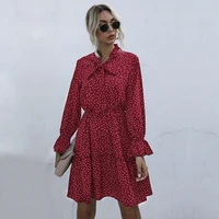vintage dot print dress women casual bow collar high waist slim butterfly sleeve autumn winter dress for women 2020 new fashion