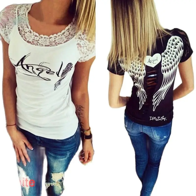 Женская футболка с вырезами на спине топы крыльями ангела Летние Стильные