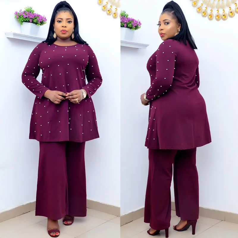 

Комплект из двух предметов, африканская одежда, новинка, Дашики, модный однотонный костюм с бусинами, топ и брюки, суперэластичный наряд для ...