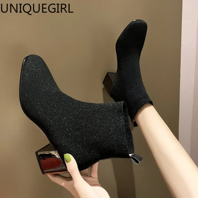 2020 новые полусапожки на толстом каблуке в Корейском стиле Модные Тканые носки с
