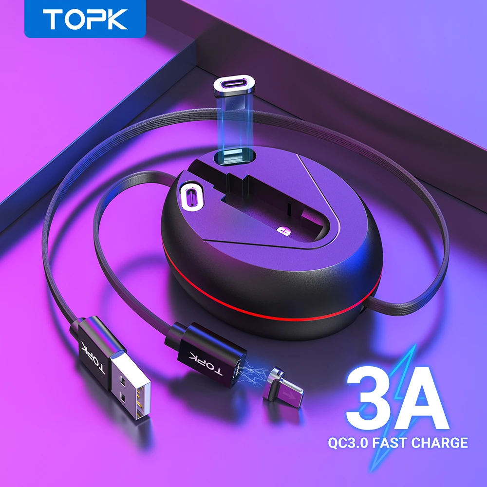 TOPK 3 в 1 Выдвижной Магнитный зарядный кабель Micro USB Type C для iPhone 11 Xiaomi Android Быстрая