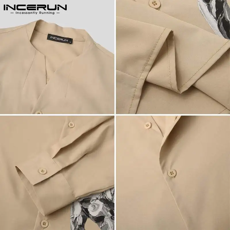 

Men Printed Shirt V Neck Long Sleeve 2021 Fashion Korean Shirts Casual Streetwear Leisure Camisa Masculina INCERUN Plus Size 5XL