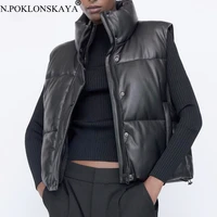 autumn winter waistcoat women black warm faux leather vest coat casual zipper sleeveless jacket female short cotton outwear top