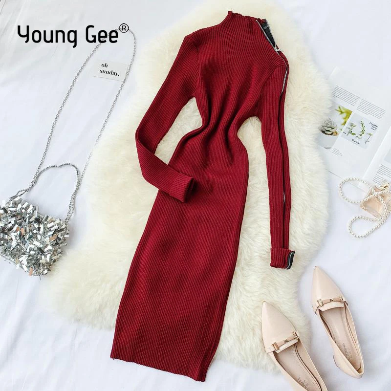 Женское трикотажное платье Young Gee Осеннее однотонное облегающее в стиле ретро с