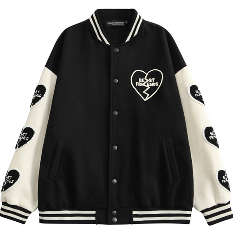 

Men Heart Patch Varsity Jackets Woman Green Color Matching Preppy Casual Baseball Uniform Couple Autumn Loose Street Jacket