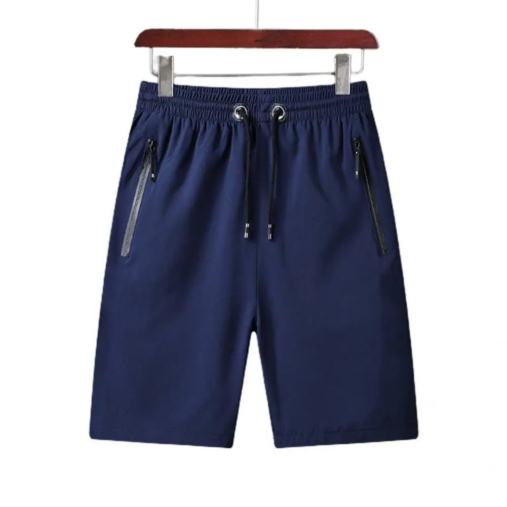 

2021 Summer Men Shorts Solid Color Zipper Pockets Drawstring Quick Dry Knee-length Shorts Short Pants for Male with Pockets