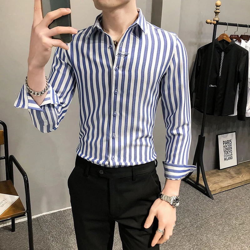 

Fashion 2021 Spring New Long Sleeve Striped Men Dress Shirts Simple Business Formal Wear Slim Fit Casual Office Blouses 4XL-M