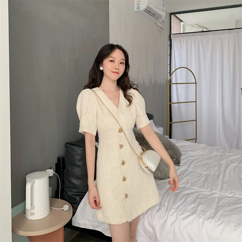 

French Royal Sister Light Ripe Design Single Breasted Dress Women's Summer Thin Temperament A-line A394