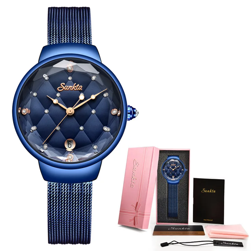 Blue SUNKTA, новинка, женские модные золотые кварцевые часы, женские повседневные водонепроницаемые простые наручные часы, подарок для девушек, жены, Saat Relogio Feminino - Цвет: Blue