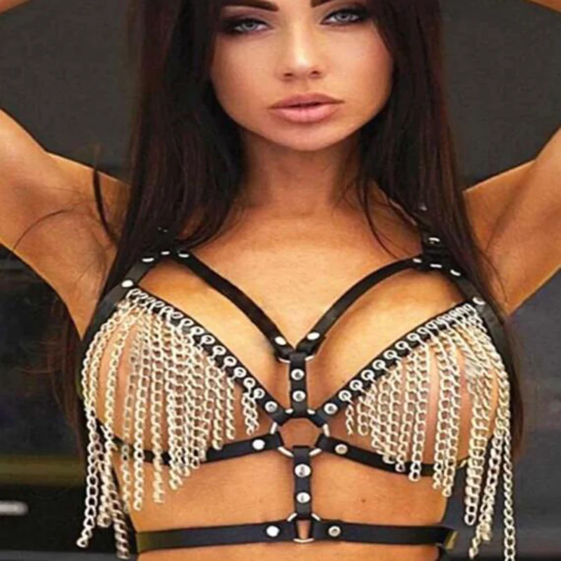 

Black Sexy Pu Leather Harness Belts Women Tassel Chain Waist Belt Bondage Cage Ladies Leisure Body Chest Straps Suspenders