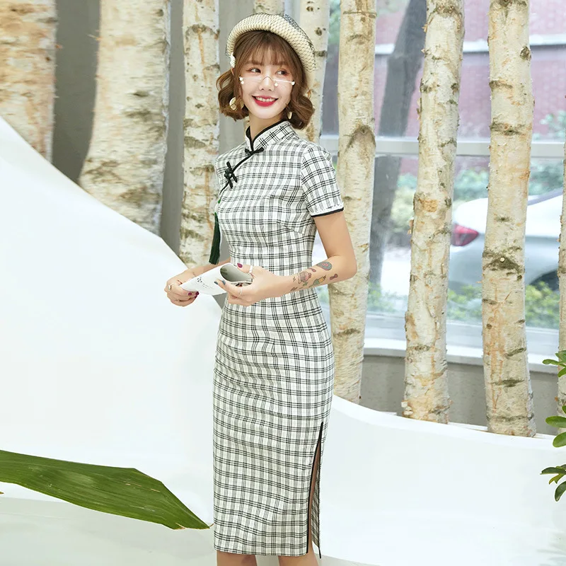 

Sexy Modern Qipao Lattice Cotton Oriental Style Dresses Traditional Chinese Dress Women Summer Short Cheongsam S-3XL