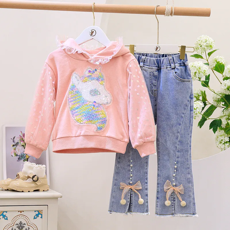

Baby girls outfit 2022 spring New Girl clothes set 2 Pcs Suit Sequined Unicorn Hoodie Sweatshirt+Flared jeans Kids Baby pants