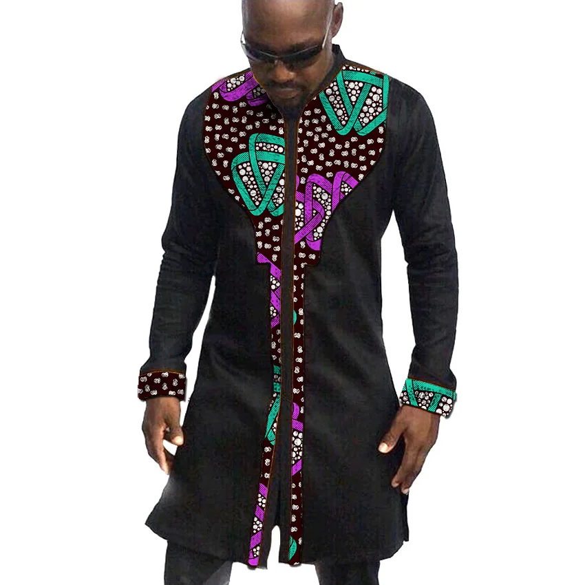 Африканская одежда мужская длинная рубашка с воротником стойкой черная Анкара