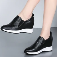 fashion sneakers women cow leather wedges high heel vulcanized shoes female breathable round toe platform trainers casual shoes