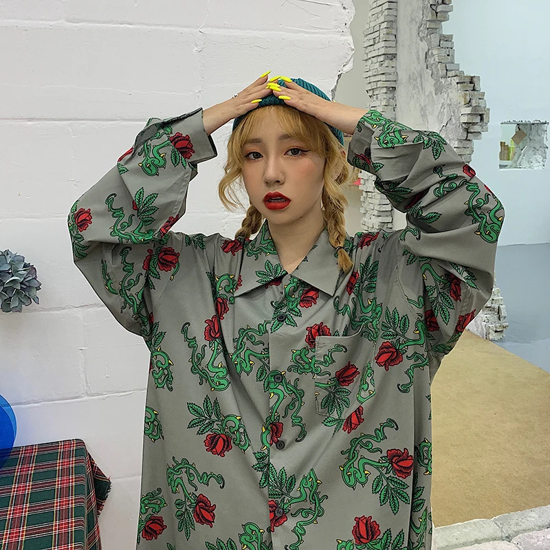 

harajuku style vintage flower print casual long sleeve womens tops and blouses loose Shirts turn-down collar Women's Clothing bf