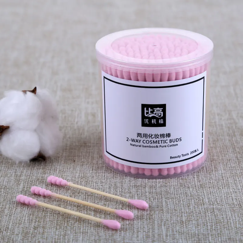 Pink 200 шт., щетка для ухода за собой, двуглавый хлопок, чистящие палочки для ухода за ушами, очищающая салфетка для макияжа, инструмент для чистки, быстрая - Цвет: Pink