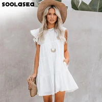 soolasea 2021 new bohemian style a line ruffles sleeveless white summer women vacation beach elegant mini dress vestidos