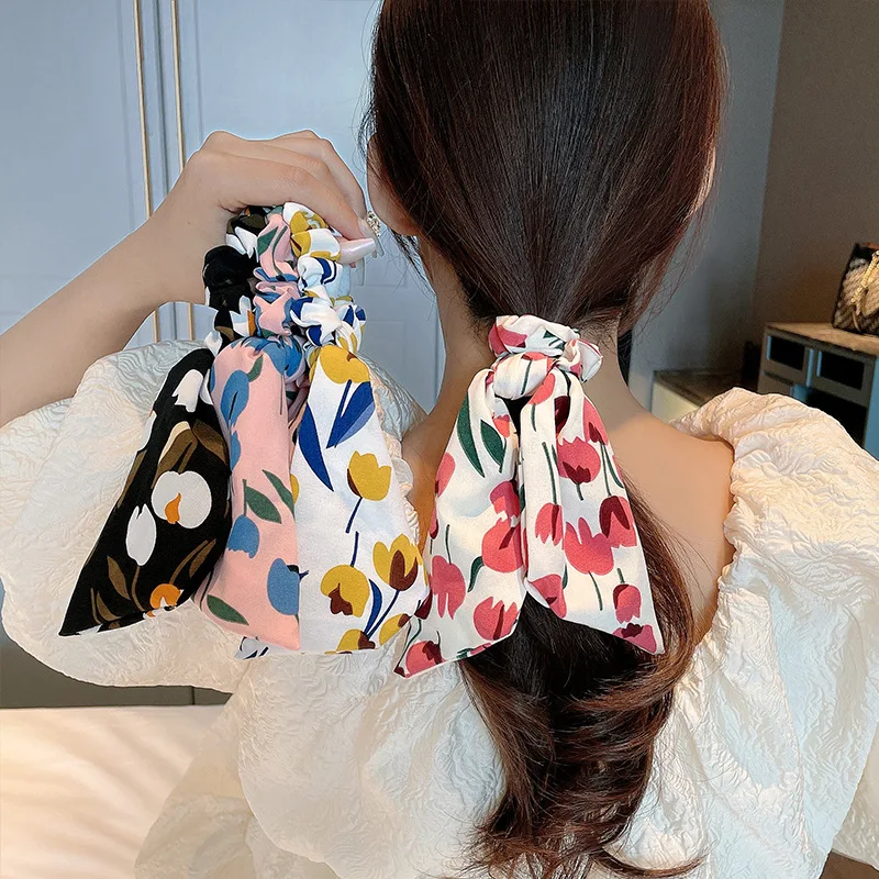 

Fashion Tulips Print Bow Scrunchies Chiffon Girls Elastic Hairbands Ribbon Ponytail Scarf Hair Bands Tie Women Hair Accessories
