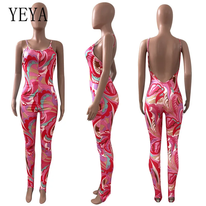 

YEYA Summer Print Women Jumpsuit Sleeveless Sexy Open Back Bandage Pencil Pants Bodycon Party Club Outfits One Piece Overalls