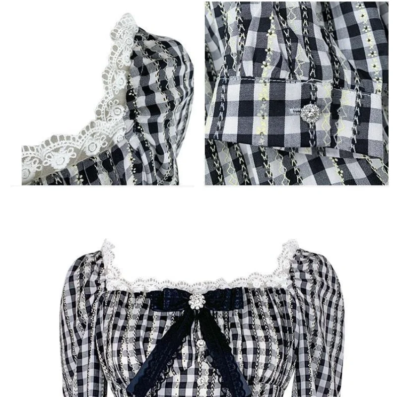 

HOUZHOU Plaid Dress Women Kawaii Bow Lace Long Sleeve Dress Preppy Style Sweet Vintage Grunge Robe Square Collar Spring Autumn