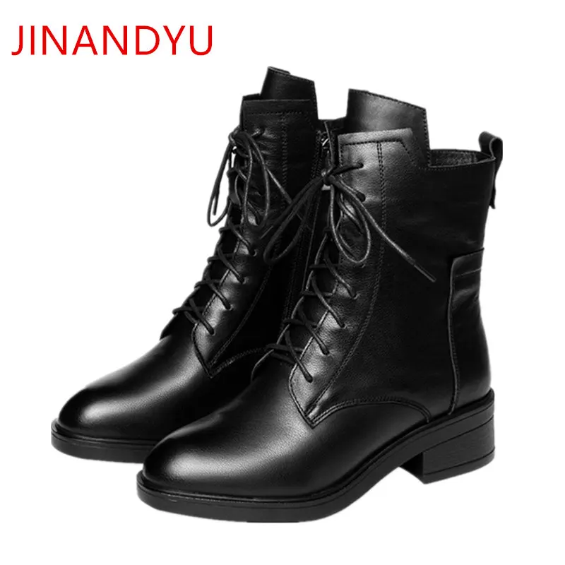 

Black Leather Boots Lace Up Round Toe Shoes for Women Ankle Boots Autumn Winter Shoes Comfortable Fashion Boots of The Women