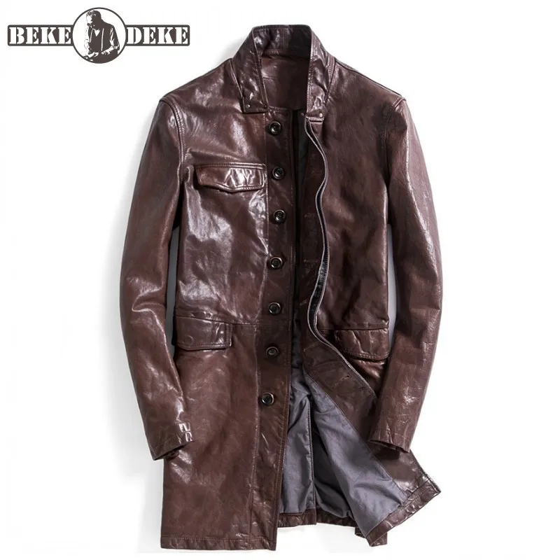 

Brand Vintage Genuine Leather Jacket Mens Street Casual Trench Fashion Stand Collar Single Breasted Horsehide Long Jackets Coat