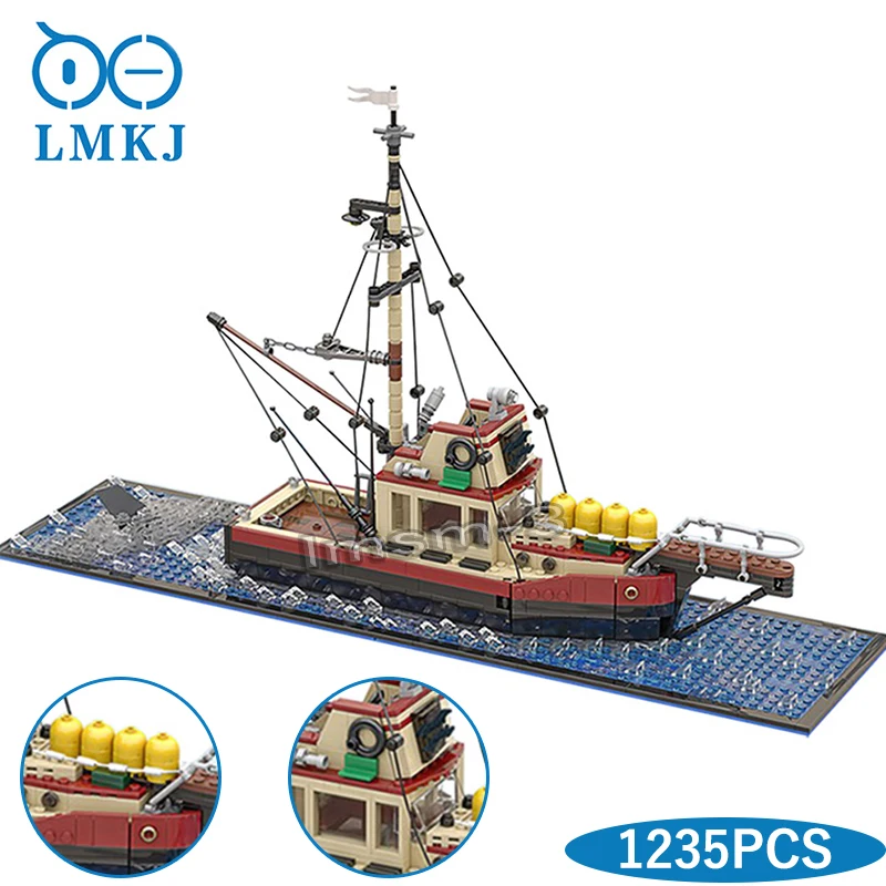 

Kids DIY Fishing Boat Model Building Blocks MOC The Orca Jawsed Ship City Vessel Bricks Educational Toys For Children Xmas Gifts