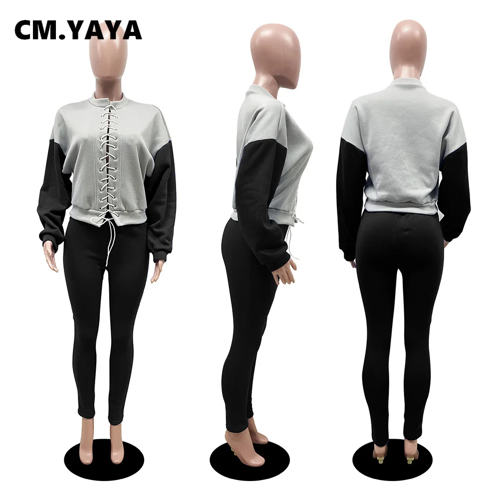 Спортивный костюм CM.YAYA в стиле пэчворк Женский комплект короткий топ на шнуровке
