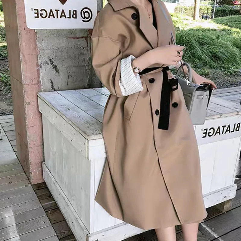 Тренчкот женский длинный двубортный с поясом Элегантный Модный ветрозащитный