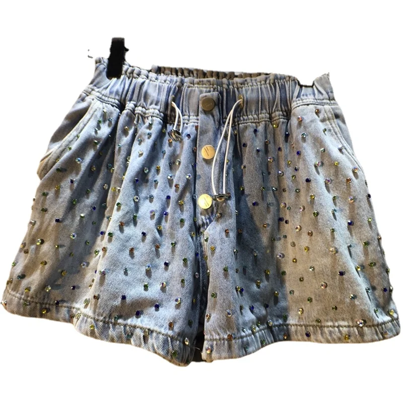 

European Station 2021 Summer New Diamond Beaded Elastic Waist High Waist Loose and Slimming Wide-Leg Denim Shorts