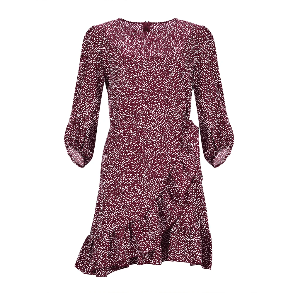 

Red White Female Dress Polka Dot Printed Women Dress 3/4 Long Sleeve Split Asymmetrical Ladies Mini Dress Autumn Summer