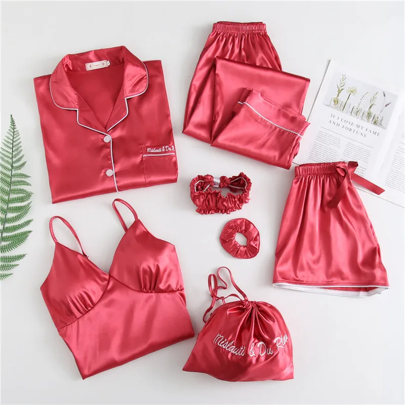 

7pc Pajamas Set For Woman Homewear Faux Silk Striped Cute Sleepwear Spring Strawberry Summer Autumn Turn Down Collar Full Length