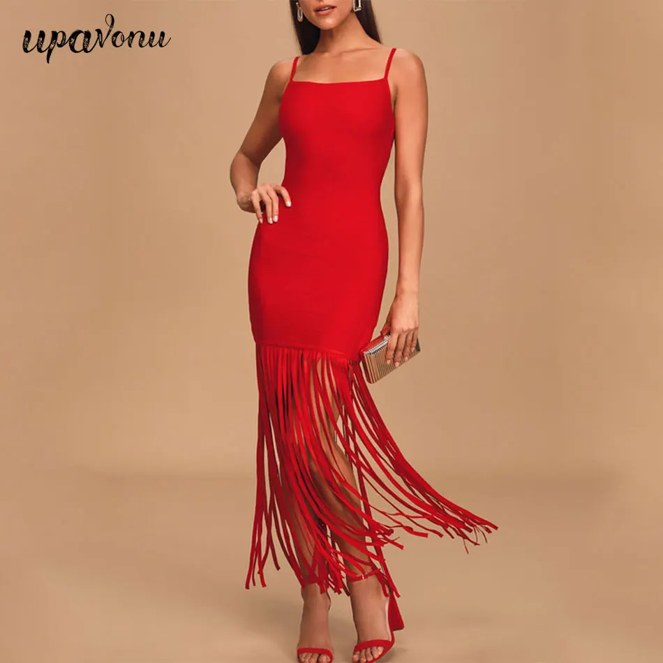 Женское Бандажное платье с бахромой Красное Облегающее Платье на бретелях