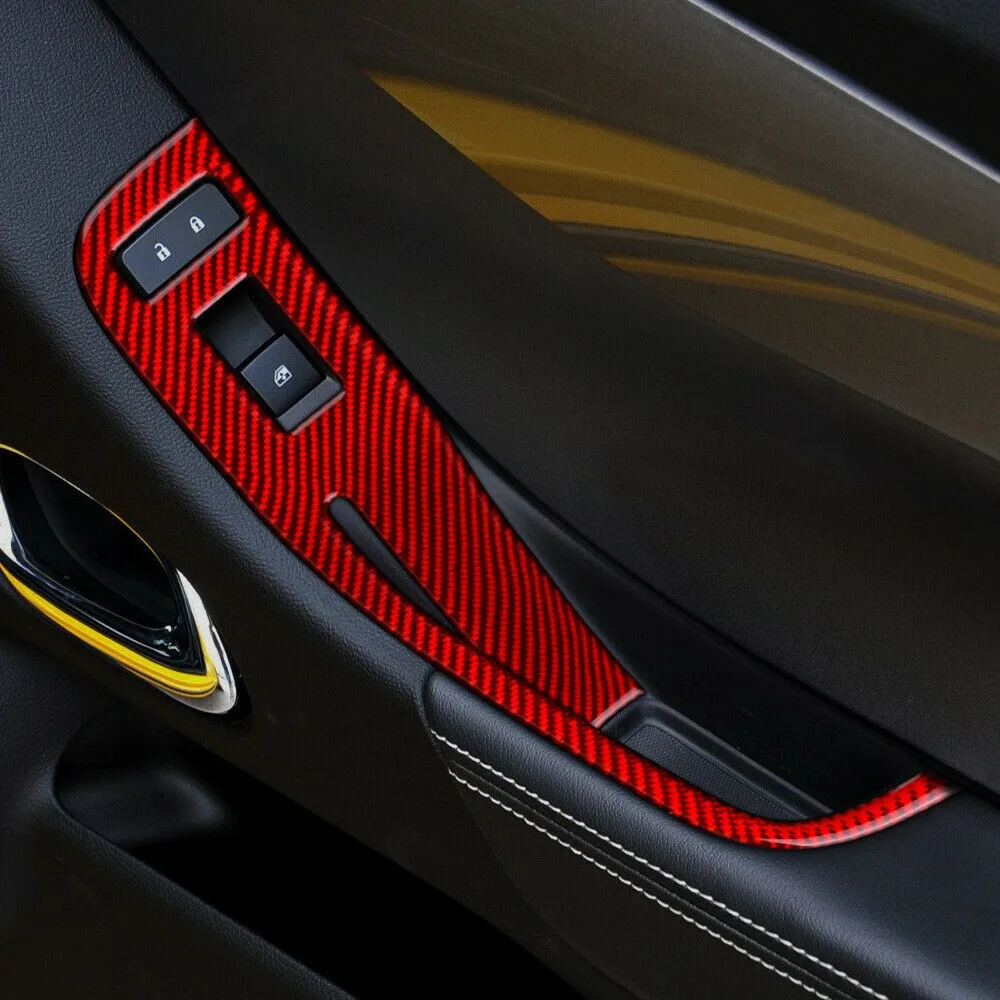 

2pcs Window Control Switch Cover Carbon Fiber Decor For Chevrolet Camaro 2013-2015 Interior Red Trim