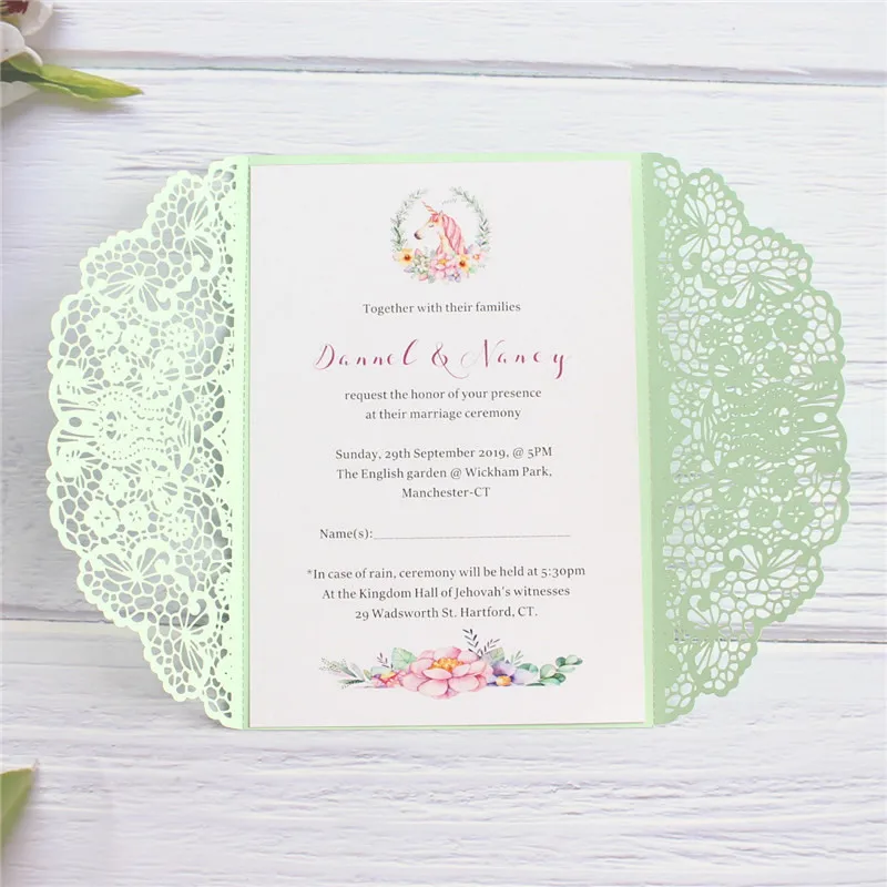 Мятно зеленая Свадебная пригласительная карта Единорог Индивидуальные вставки