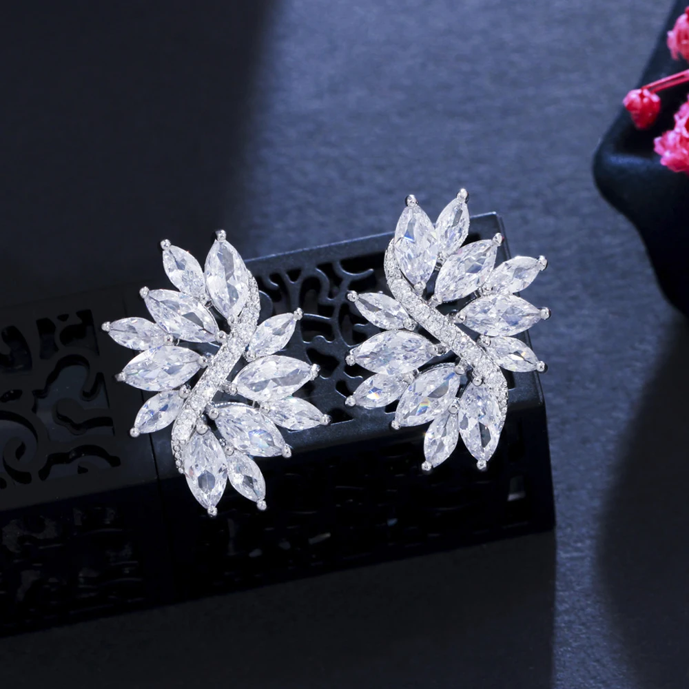 

ThreeGraces Sparkling White Gold Color Delicate Marquise Cut Cubic Zircon Crystal Handmade Big Flower Earrings For Women E1331