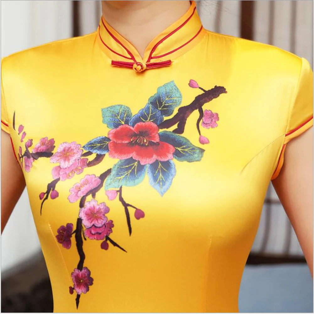 Новый китайский стиль cheongsam улучшенные Повседневные Вечерние ярко желтая
