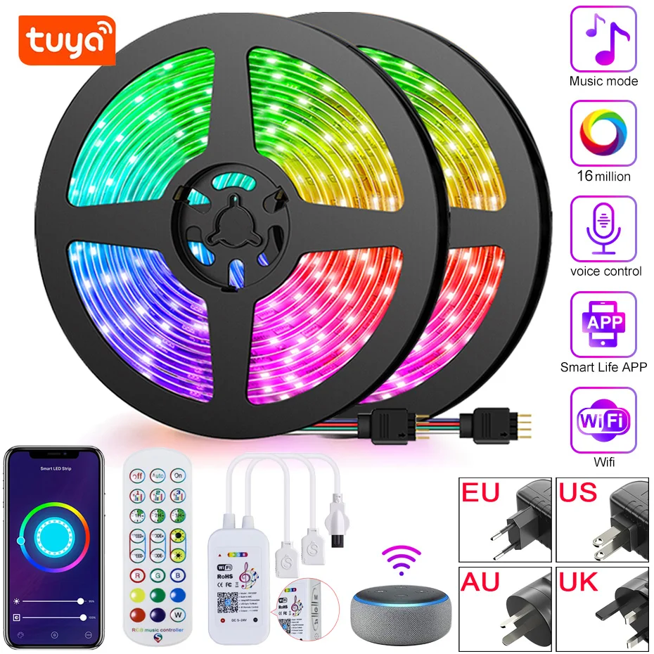

Умная RGB Светодиодная лента Tuya, 12 В, 5050, гибкая световая лента с регулируемой яркостью, ИК-пульт дистанционного управления/Bluetooth/Wi-Fi, украшени...