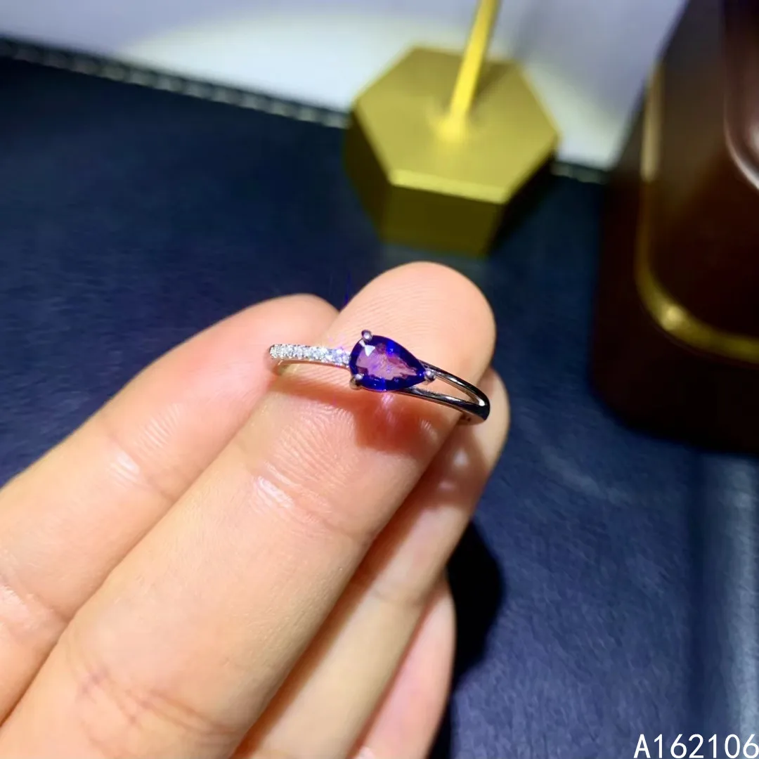 925 Pure Silver Chinese Style Natural Sapphire Women's Popular Noble Water Drop Adjustable Gem Ring Fine Jewelry Support Detecti