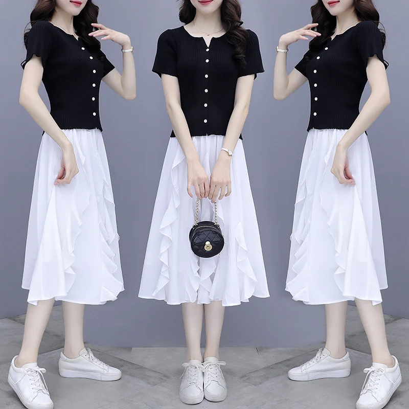 

new summer fashion solid color button o-neck two-piece sets knitting elegant ruffles short sleeves women's clothing female