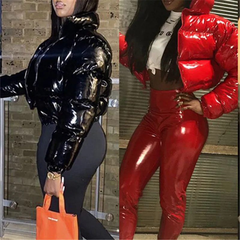 

Женский пуховик из ПУ кожи, с воротником-стойкой