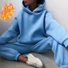 Женский спортивный костюм, толстовка с длинным рукавом, теплый однотонный костюм из двух предметов с толстовкой и брюками, Осень-зима 2021, спортивный комплект одежды