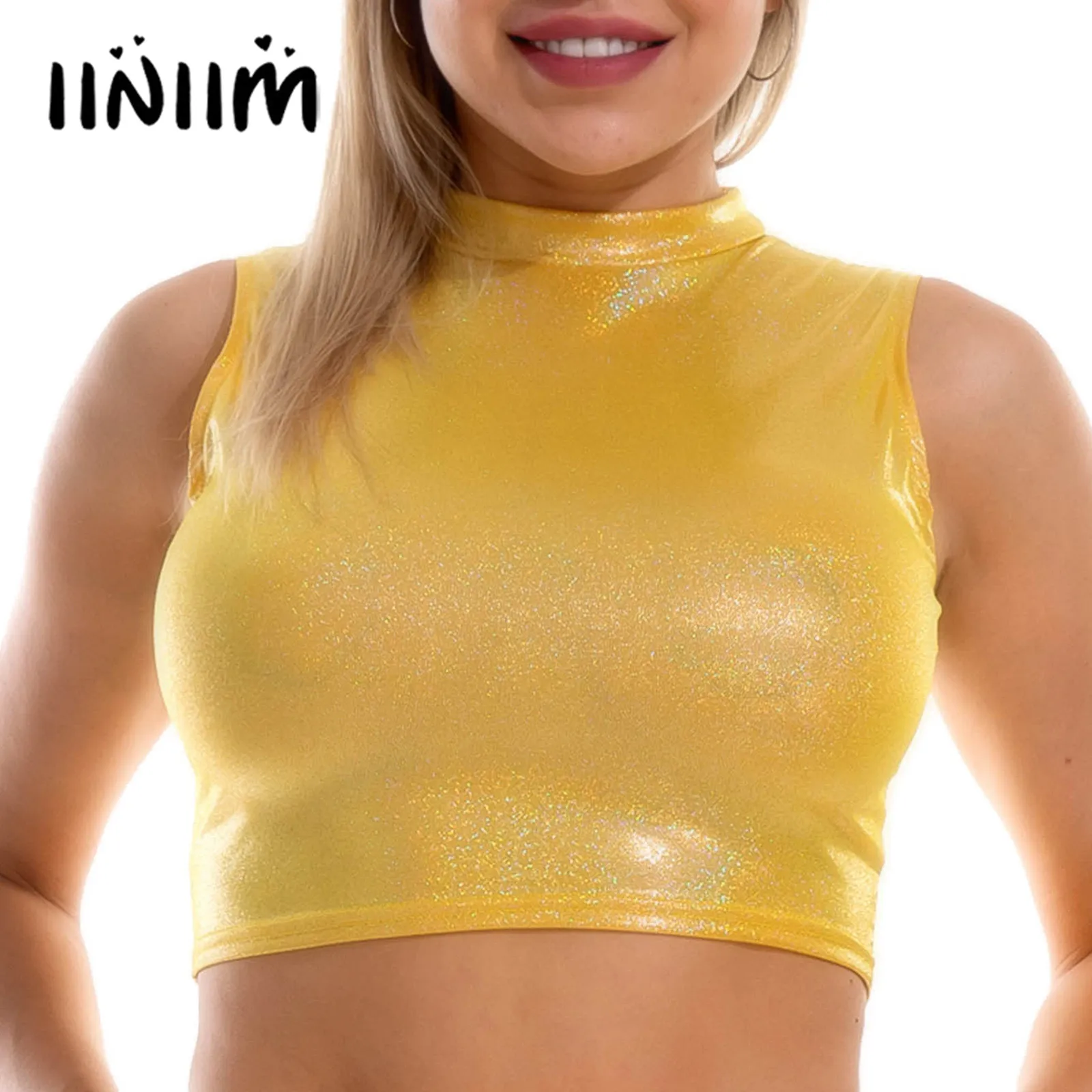 

Женские сексуальные блестящие майки, облегающие майки, короткий пуловер без рукавов с круглым вырезом, укороченные топы для клуба, вечеринк...