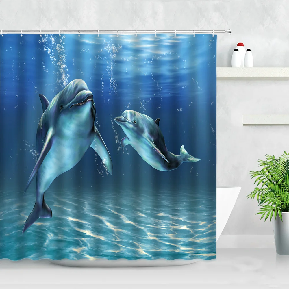 

Ocean Seafloor Dolphins Shower Curtain Set Deep Sea Animal Modern Natural Waterproof Fabric Bathroom Curtains Hooks Home Decor