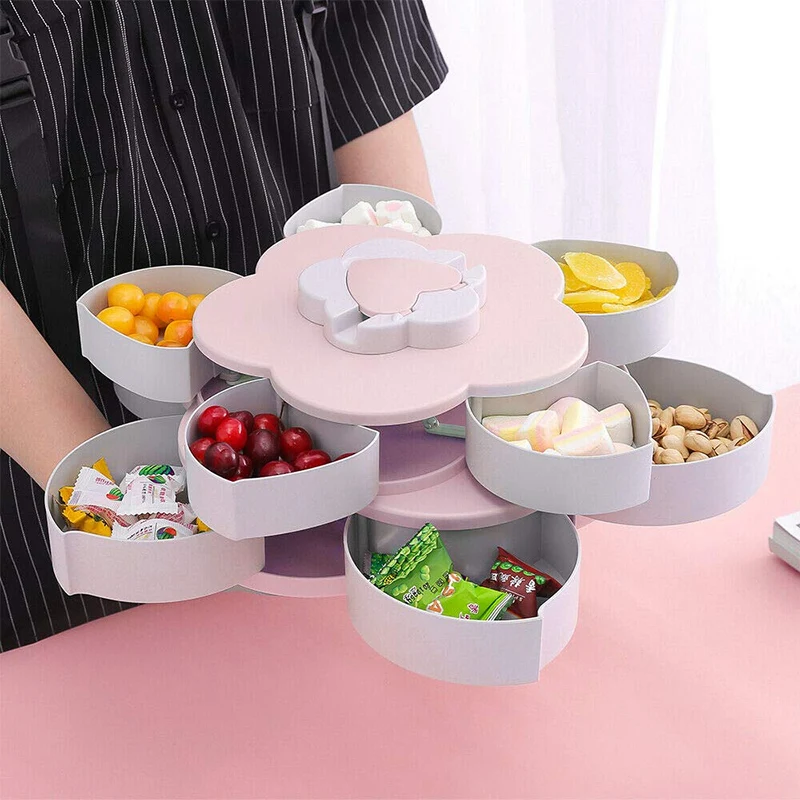 

Double Layer Petal Shaped Rotating Candy Box Dish Snacks Tray Five Grid Dried Fruit Case Plastic Container Home